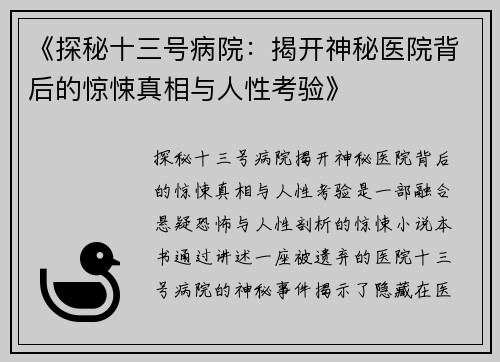 《探秘十三号病院：揭开神秘医院背后的惊悚真相与人性考验》