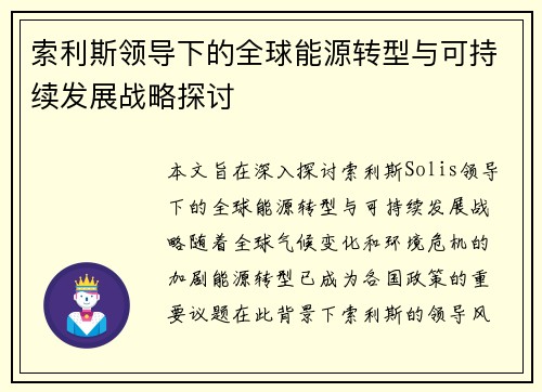 索利斯领导下的全球能源转型与可持续发展战略探讨